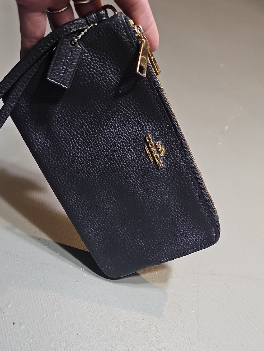 Coach Pebble Leather Double Zip Wristlet CU919 Black Gold-tone